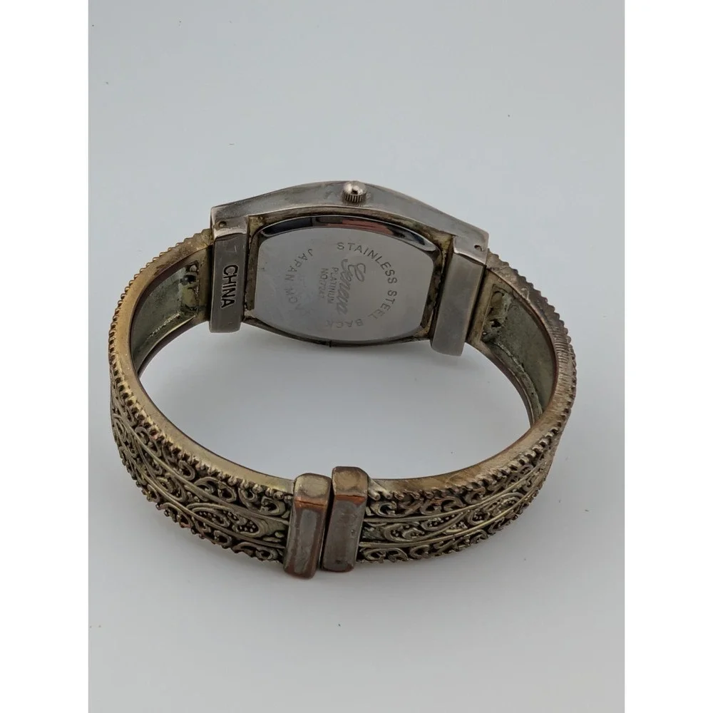Geneva Platinum Silver Tone Watch Scroll Details‎ Open Cuff Bangle- New Battery